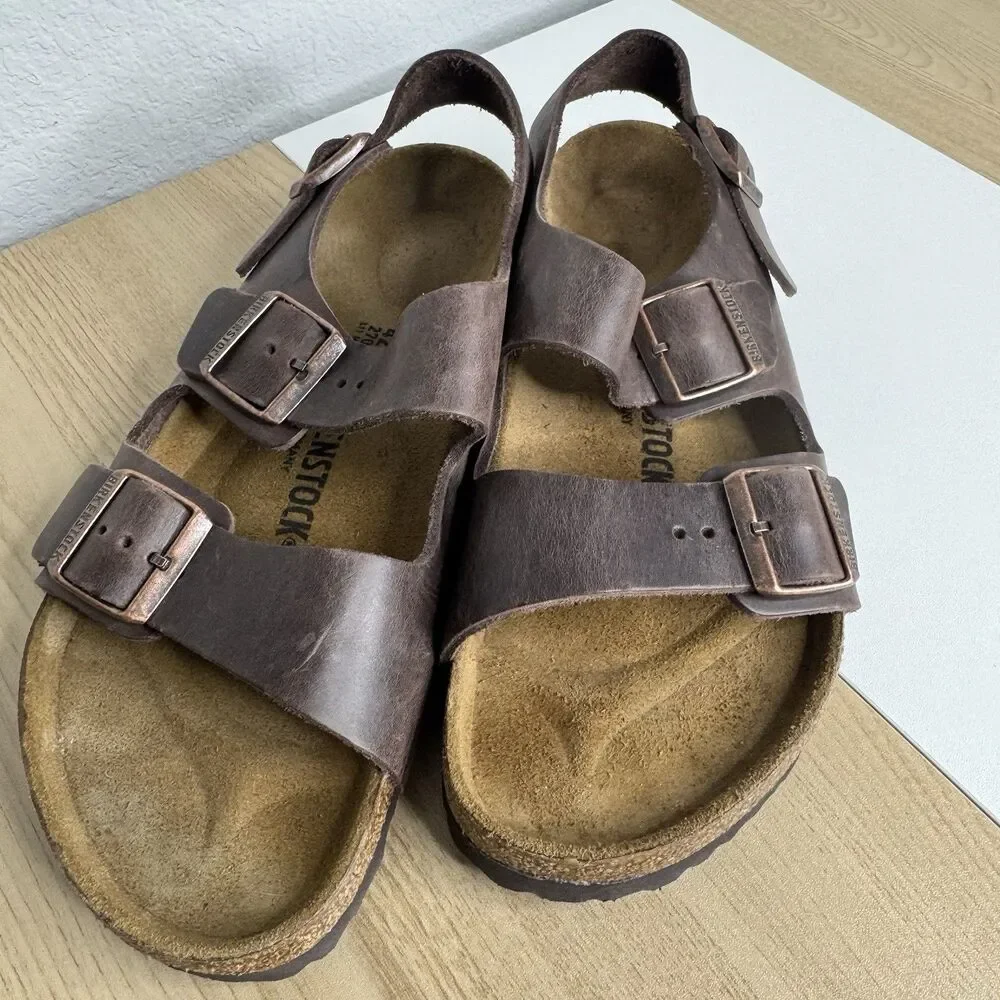 Birkenstock MILANO Men’s (42/9) Classic Sandals Brown Oiled Leather Buckles